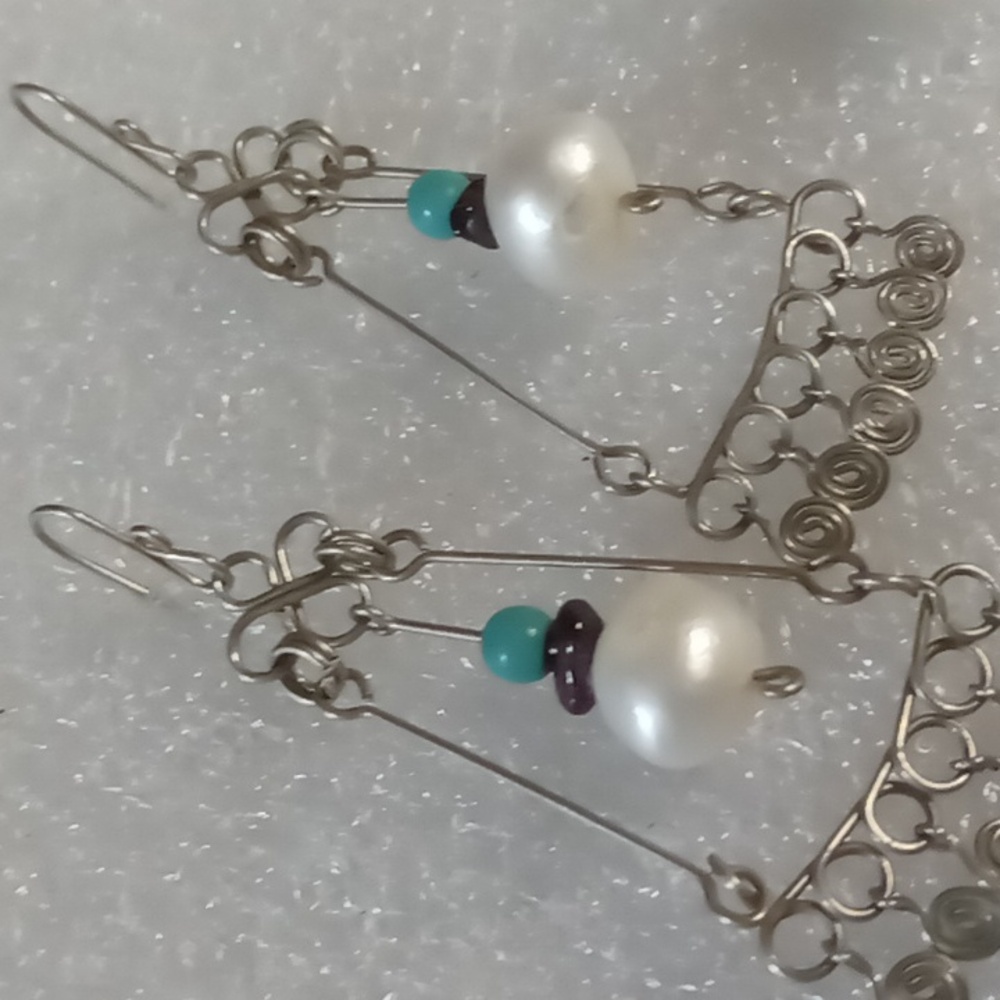 Bohemian Silver & Genuine Pearl With Turquoise Accent Earrings Dangling .